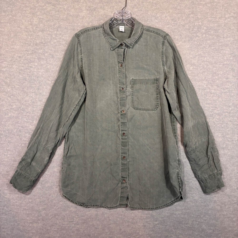Old Navy Women M Tall Green Tencel Lyocell Button Down Long Sleeve Shirt Pocket